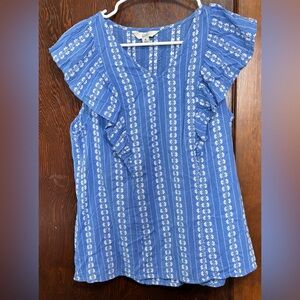 Croft & Barrow Blue With White Details Sleeveless Ruffle Top Womans Medium